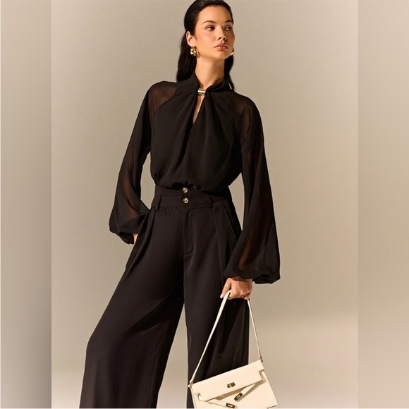 Commense Black Semi-Sheer Chiffon Blouse with Gold Neckline Large Ladies - Picture 3 of 9